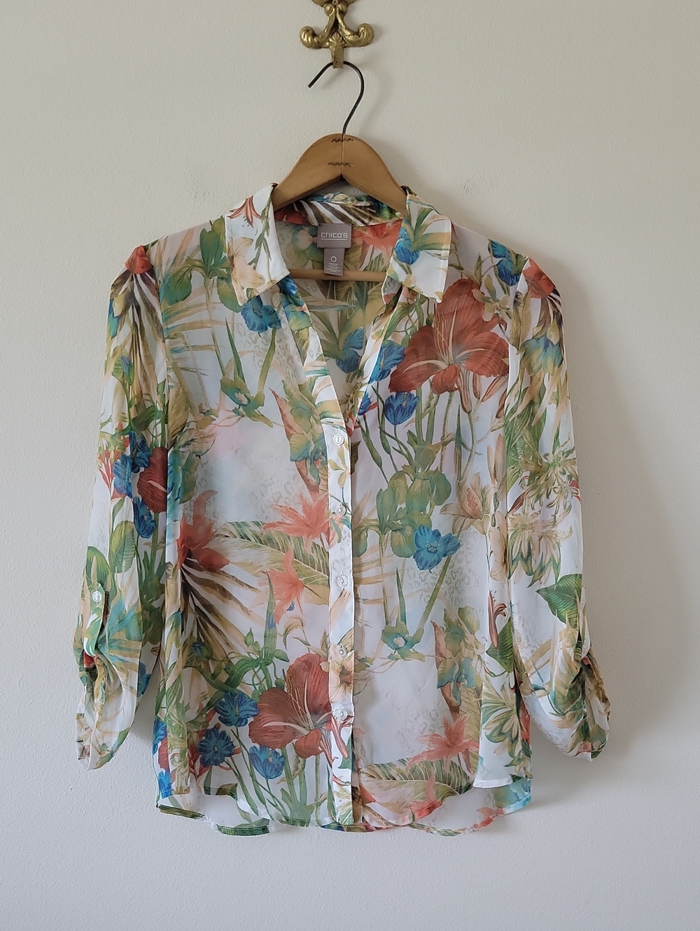 Chico's Sheer Floral‎ Button Down Shirt Roll Tab Sleeves Size Small